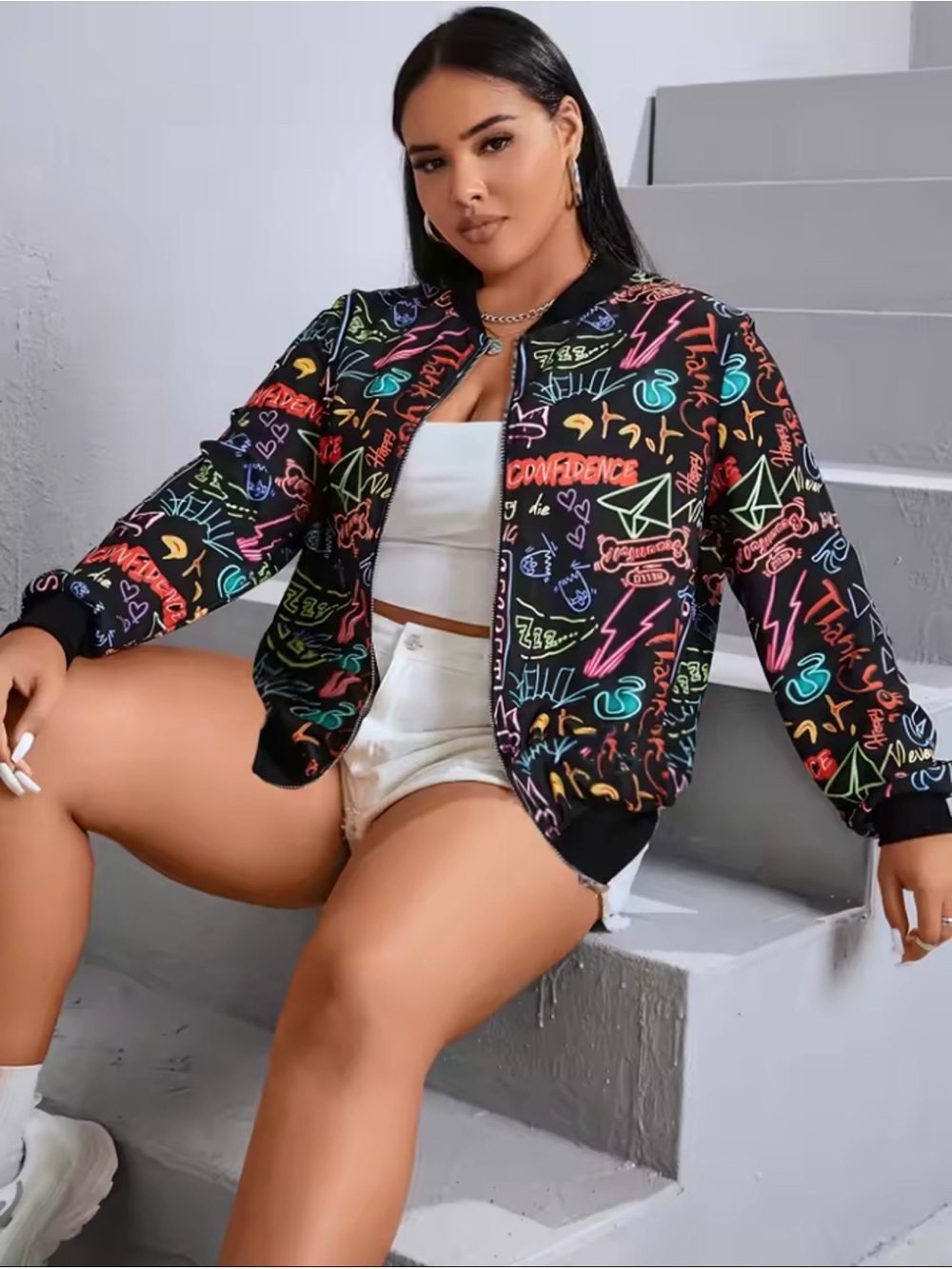 New Arrivals! Printed Black Bomber Jacket with Multicolor Graffiti